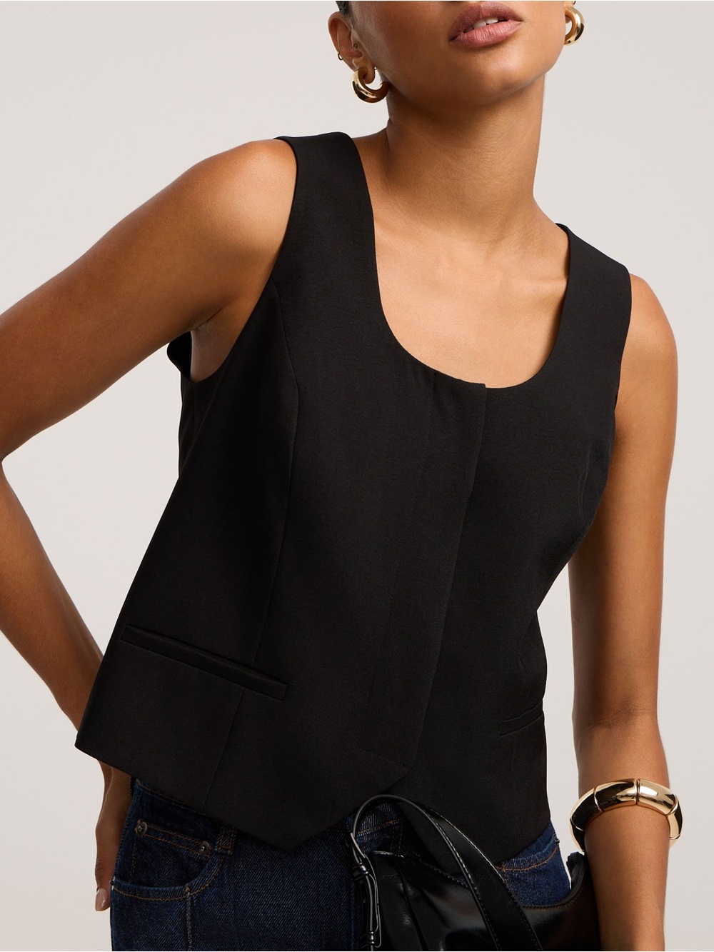 Women’s Tailored Vest with Square Neckline and Faux Pockets